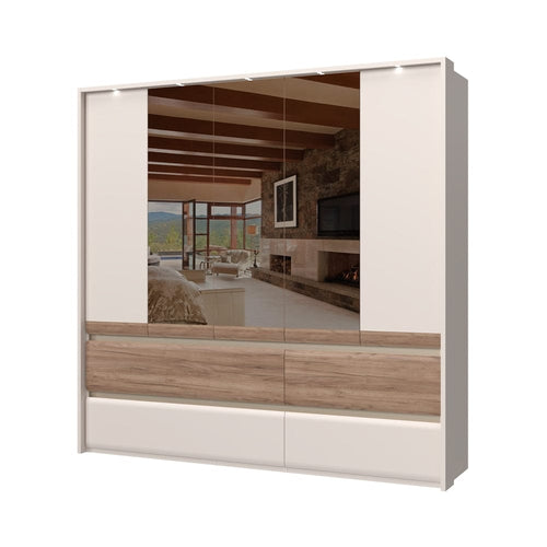 Jela Dulap din pal si MDF, cu 5 usi, 4 sertare, oglinda si LED inclus, Invictus Three Mirror P54-3OG/IC Stejar Tobacco / Crem, l232xA60xH226 cm