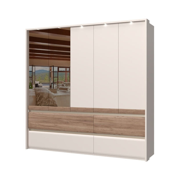 Jela Dulap din pal si MDF, cu 5 usi, 4 sertare, oglinda si LED inclus, Invictus Two Mirror P54-2OG/IC Stejar Tobacco / Crem, l232xA60xH226 cm