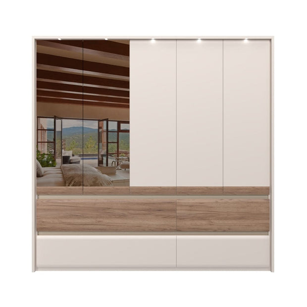 Jela Dulap din pal si MDF, cu 5 usi, 4 sertare, oglinda si LED inclus, Invictus Two Mirror P54-2OG/IC Stejar Tobacco / Crem, l232xA60xH226 cm