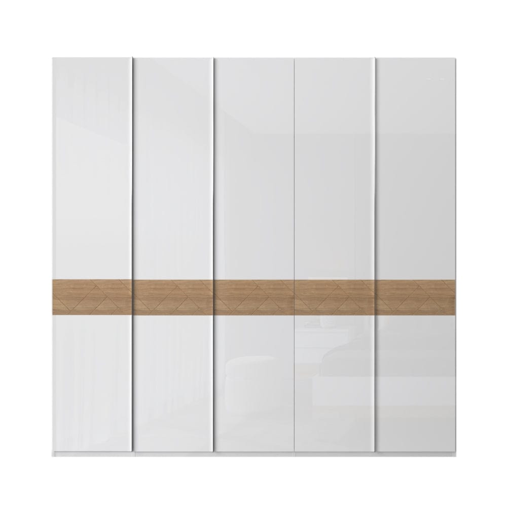 Jela Dulap din pal si MDF, cu 5 usi, Avis P5/AV Alb / Nuc Pacific, l227xA56xH224 cm