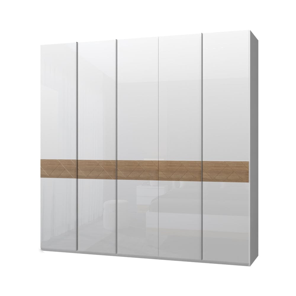 Jela Dulap din pal si MDF, cu 5 usi, Avis P5/AV Alb / Nuc Pacific, l227xA56xH224 cm