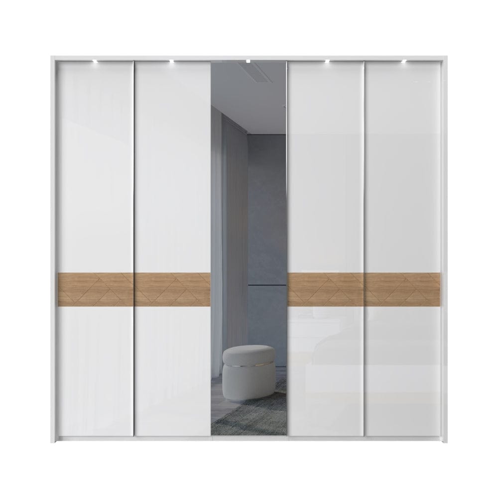 Jela Dulap din pal si MDF, cu 5 usi, oglinda si LED inclus, Avis Stripes P5B-1OG/AV Alb / Nuc Pacific, l232xA60xH227 cm