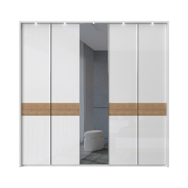 Jela Dulap din pal si MDF, cu 5 usi, oglinda si LED inclus, Avis Stripes P5B-1OG/AV Alb / Nuc Pacific, l232xA60xH227 cm