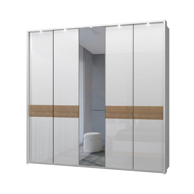 Dulap din pal si MDF, cu 5 usi, oglinda si LED inclus, Avis Stripes P5B-1OG/AV Alb / Nuc Pacific, l232xA60xH227 cm (1)