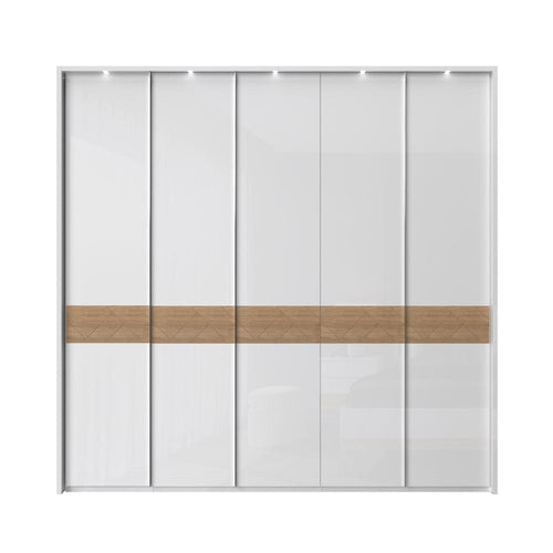 Jela Dulap din pal si MDF, cu 5 usi si LED inclus, Avis Stripes P5B/AV Alb / Nuc Pacific, l232xA60xH227 cm