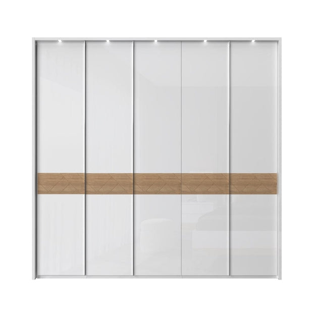 Jela Dulap din pal si MDF, cu 5 usi si LED inclus, Avis Stripes P5B/AV Alb / Nuc Pacific, l232xA60xH227 cm