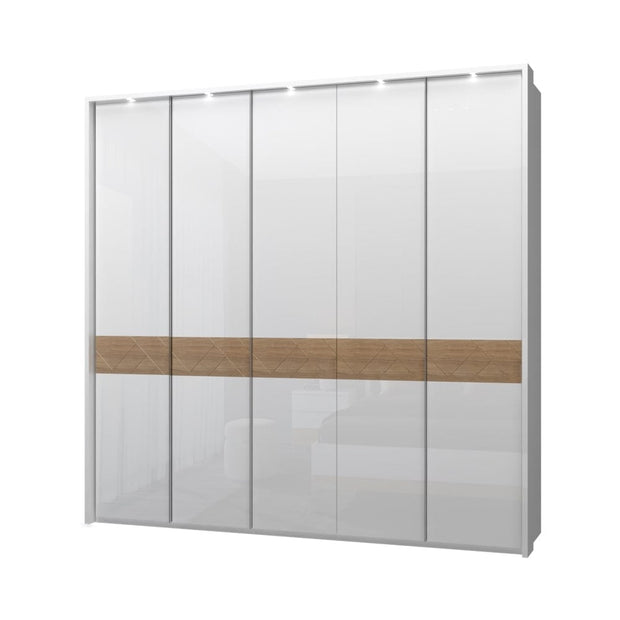 Jela Dulap din pal si MDF, cu 5 usi si LED inclus, Avis Stripes P5B/AV Alb / Nuc Pacific, l232xA60xH227 cm