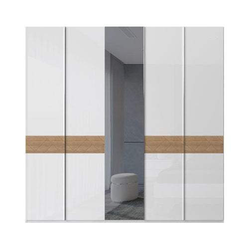 Jela Dulap din pal si MDF, cu 5 usi si oglinda, Avis P5-1OG/AV Alb / Nuc Pacific, l227xA56xH224 cm