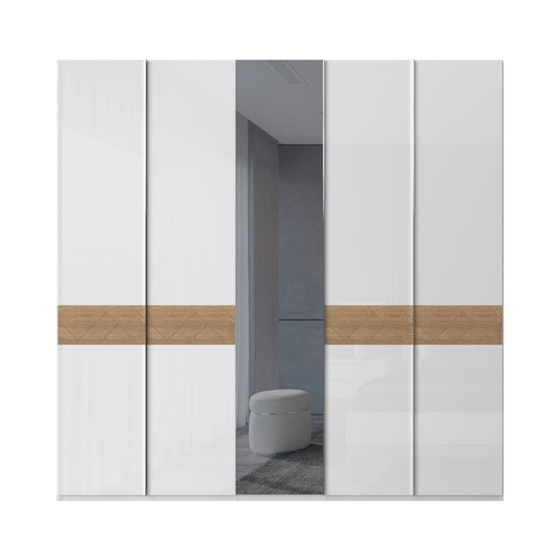 Jela Dulap din pal si MDF, cu 5 usi si oglinda, Avis P5-1OG/AV Alb / Nuc Pacific, l227xA56xH224 cm