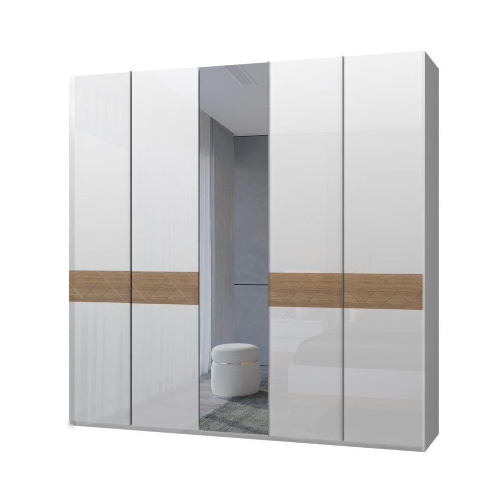 Jela Dulap din pal si MDF, cu 5 usi si oglinda, Avis P5-1OG/AV Alb / Nuc Pacific, l227xA56xH224 cm