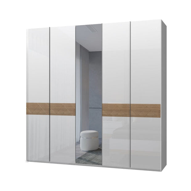 Jela Dulap din pal si MDF, cu 5 usi si oglinda, Avis P5-1OG/AV Alb / Nuc Pacific, l227xA56xH224 cm