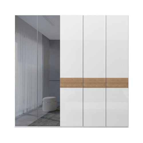 Jela Dulap din pal si MDF, cu 5 usi si oglinda, Avis P5-2OG/AV Alb / Nuc Pacific, l227xA56xH224 cm