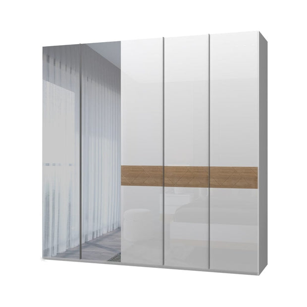 Jela Dulap din pal si MDF, cu 5 usi si oglinda, Avis P5-2OG/AV Alb / Nuc Pacific, l227xA56xH224 cm