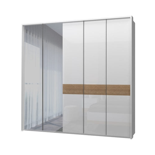 Jela Dulap din pal si MDF, cu 5 usi si oglinda, Avis Stripes P5A-2OG/AV Alb / Nuc Pacific, l232xA60xH227 cm