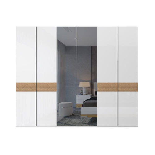 Jela Dulap din pal si MDF, cu 6 usi si oglinda, Avis P6-2OG/AV Alb / Nuc Pacific, l272xA56xH224 cm