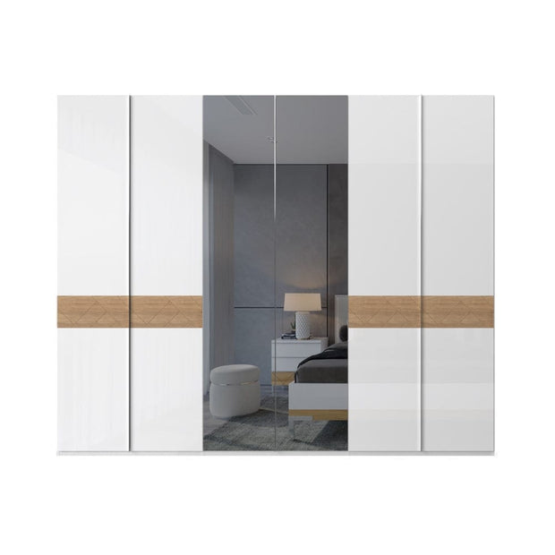 Jela Dulap din pal si MDF, cu 6 usi si oglinda, Avis P6-2OG/AV Alb / Nuc Pacific, l272xA56xH224 cm