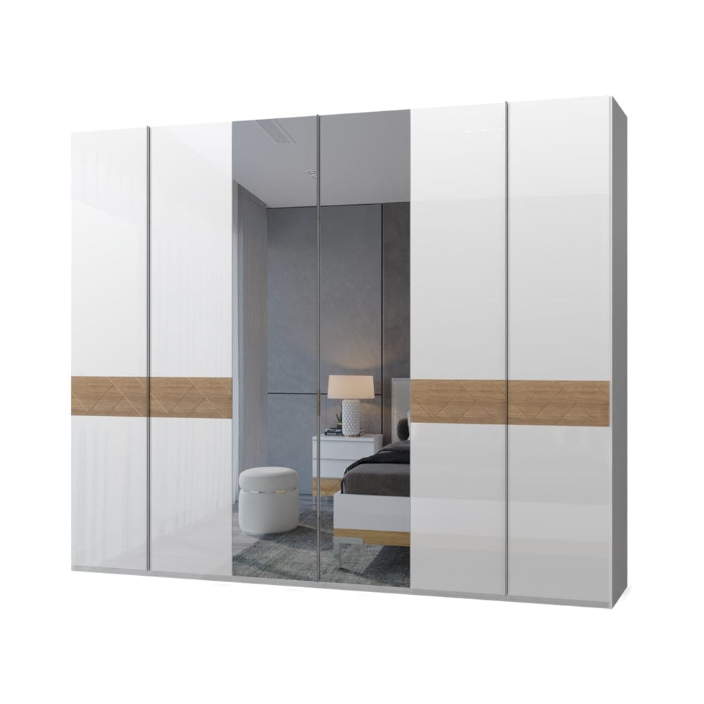 Jela Dulap din pal si MDF, cu 6 usi si oglinda, Avis P6-2OG/AV Alb / Nuc Pacific, l272xA56xH224 cm