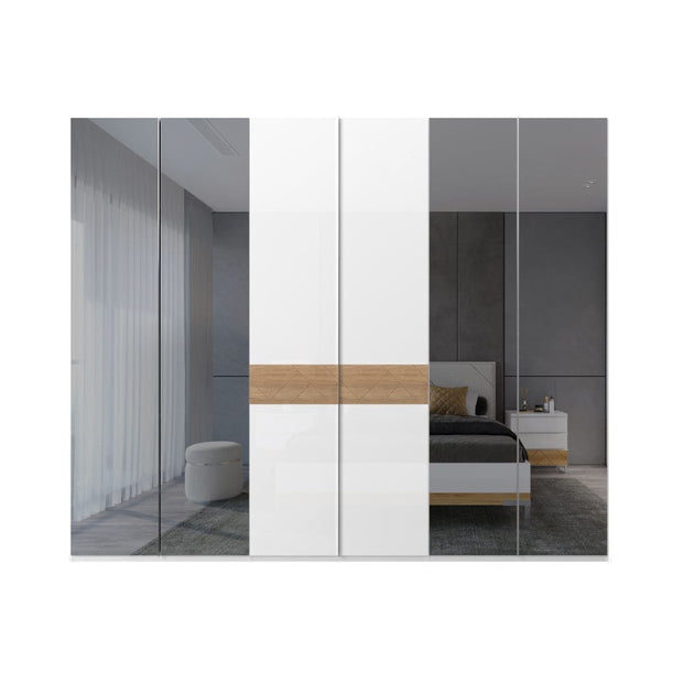 Jela Dulap din pal si MDF, cu 6 usi si oglinda, Avis P6-4OG/AV Alb / Nuc Pacific, l272xA56xH224 cm