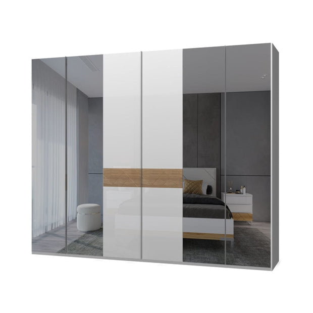 Jela Dulap din pal si MDF, cu 6 usi si oglinda, Avis P6-4OG/AV Alb / Nuc Pacific, l272xA56xH224 cm