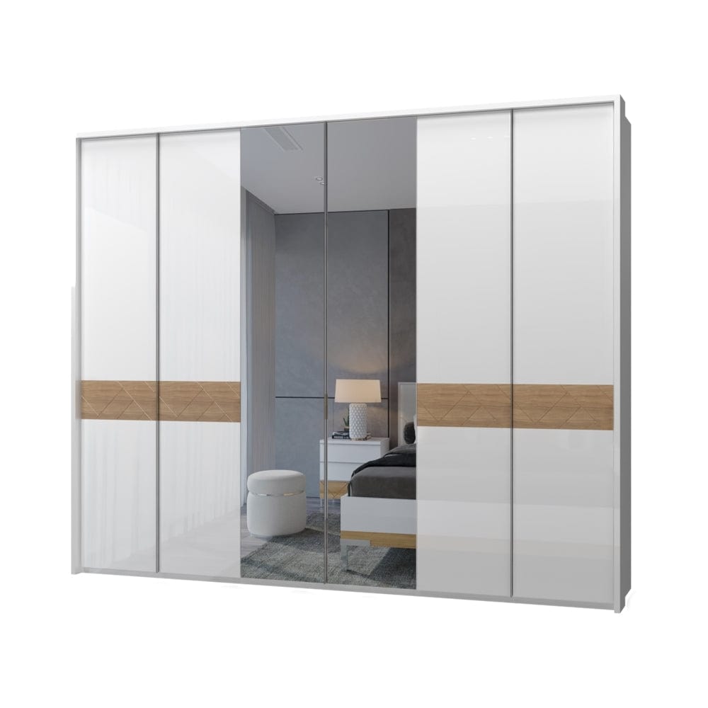 Jela Dulap din pal si MDF, cu 6 usi si oglinda, Avis Stripes P6A-2OG/AV Alb / Nuc Pacific, l277xA60xH227 cm