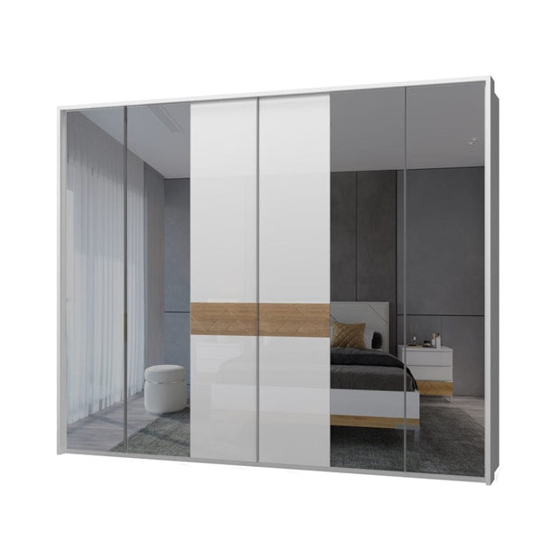 Jela Dulap din pal si MDF, cu 6 usi si oglinda, Avis Stripes P6A-4OG/AV Alb / Nuc Pacific, l277xA60xH227 cm