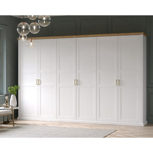 Jela Dulap din pal si MDF, cu 6 usi, Tara Extra Large P6/TA Alb Mat / Nuc Pacific, l346xA59xH227 cm