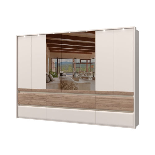 Jela Dulap din pal si MDF, cu 7 usi, 6 sertare, oglinda si LED inclus, Invictus Three Mirror P76-3OG/IC Stejar Tobacco / Crem, l322xA60xH226 cm