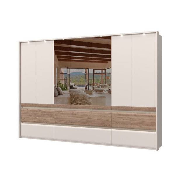 Jela Dulap din pal si MDF, cu 7 usi, 6 sertare, oglinda si LED inclus, Invictus Three Mirror P76-3OG/IC Stejar Tobacco / Crem, l322xA60xH226 cm