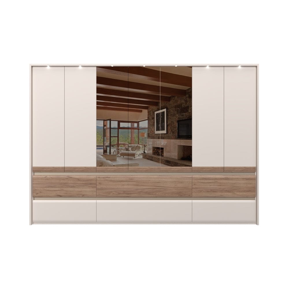 Jela Dulap din pal si MDF, cu 7 usi, 6 sertare, oglinda si LED inclus, Invictus Three Mirror P76-3OG/IC Stejar Tobacco / Crem, l322xA60xH226 cm