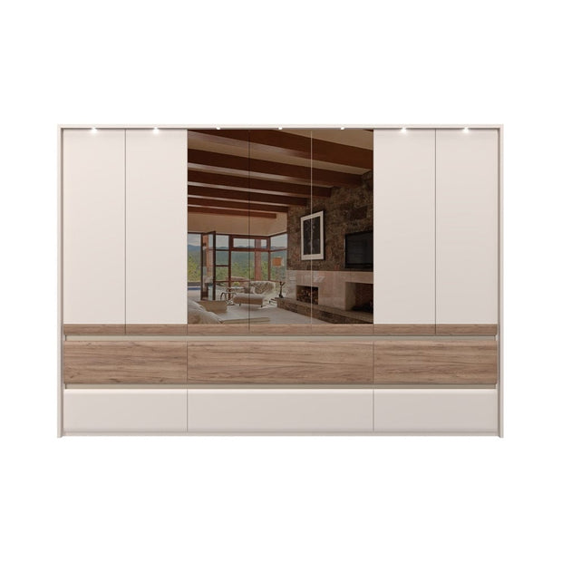 Jela Dulap din pal si MDF, cu 7 usi, 6 sertare, oglinda si LED inclus, Invictus Three Mirror P76-3OG/IC Stejar Tobacco / Crem, l322xA60xH226 cm