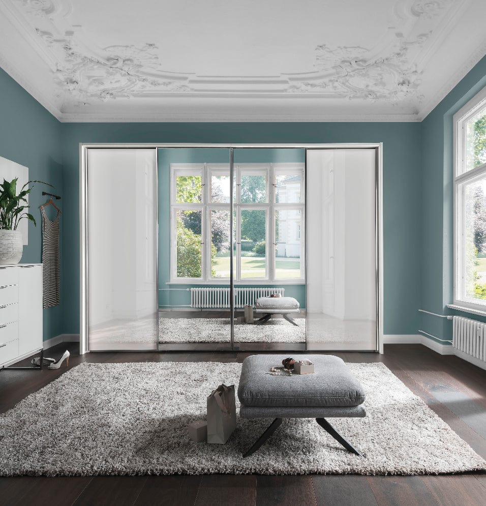 Wiemann Dulap din pal si sticla, cu 4 usi glisante, sistem LED si oglinda, Monaco III Alb / Gri, l340xA67xH240 cm