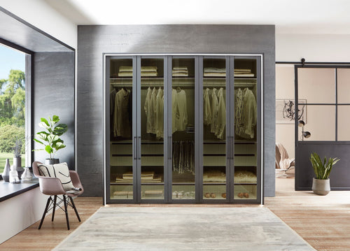 Wiemann Dulap din pal si sticla, cu 5 usi si LED inclus, Split Grafit / Negru, l256,4xA58xH240 cm