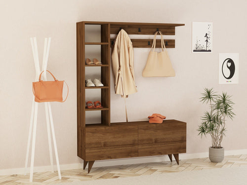 Asir Dulap hol cu oglinda si cuier, din pal cu 2 usi, Hale Nuc, l120xA32xH161,8 cm