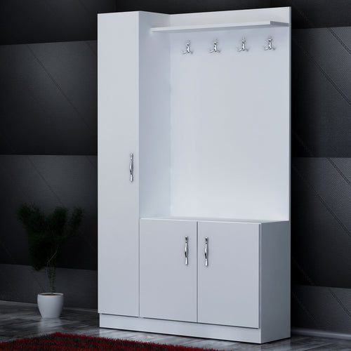 Asir Dulap hol cu oglinda si cuier, din pal cu 3 usi, Naturel Alb, l110xA31,8xH180 cm