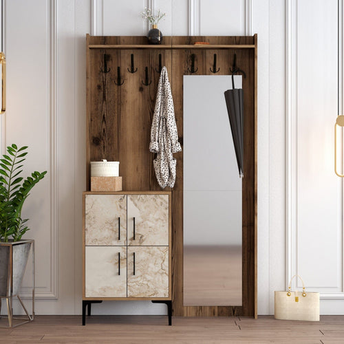 Asir Dulap hol cu oglinda si cuier, din pal cu 4 usi, Berlin BC Nuc / Alb, l120xA35xH200 cm