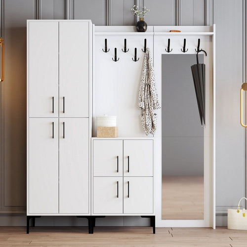 Asir Dulap hol cu oglinda si cuier, din pal cu 8 usi, Berlin ABC Alb, l180xA35xH200 cm