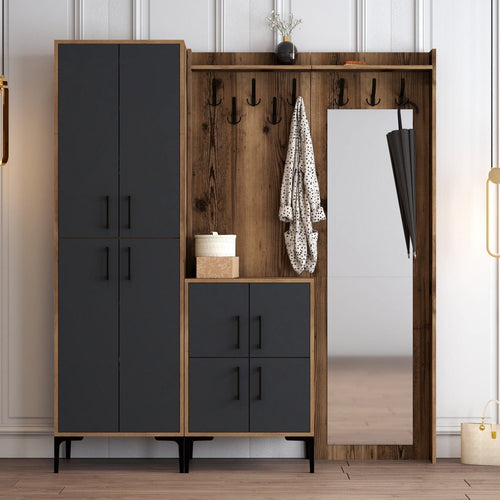 Asir Dulap hol cu oglinda si cuier, din pal cu 8 usi, Berlin ABC Nuc / Antracit, l180xA35xH200 cm