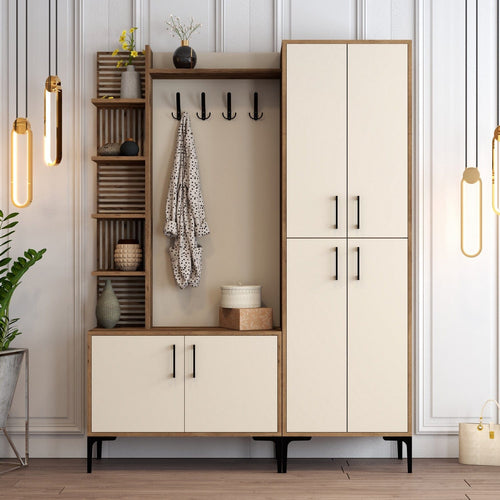 Asir Dulap hol din pal, cu 6 usi si cuier, Viyana Nuc / Crem, l150xA35xH200 cm