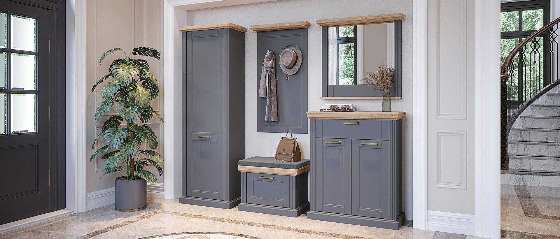 Jela Dulap hol din pal si MDF, cu 1 usa, Tara V1 Grafit / Nuc Pacific, l65xA38xH193 cm