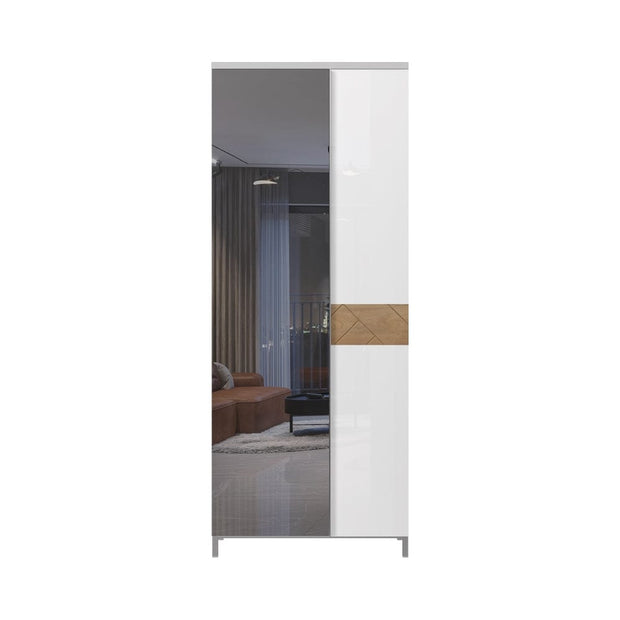Jela Dulap hol din pal si MDF, cu 2 usi si oglinda, Avis V2 Alb / Nuc Pacific, l76xA35xH192 cm
