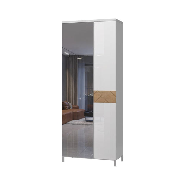 Jela Dulap hol din pal si MDF, cu 2 usi si oglinda, Avis V2 Alb / Nuc Pacific, l76xA35xH192 cm