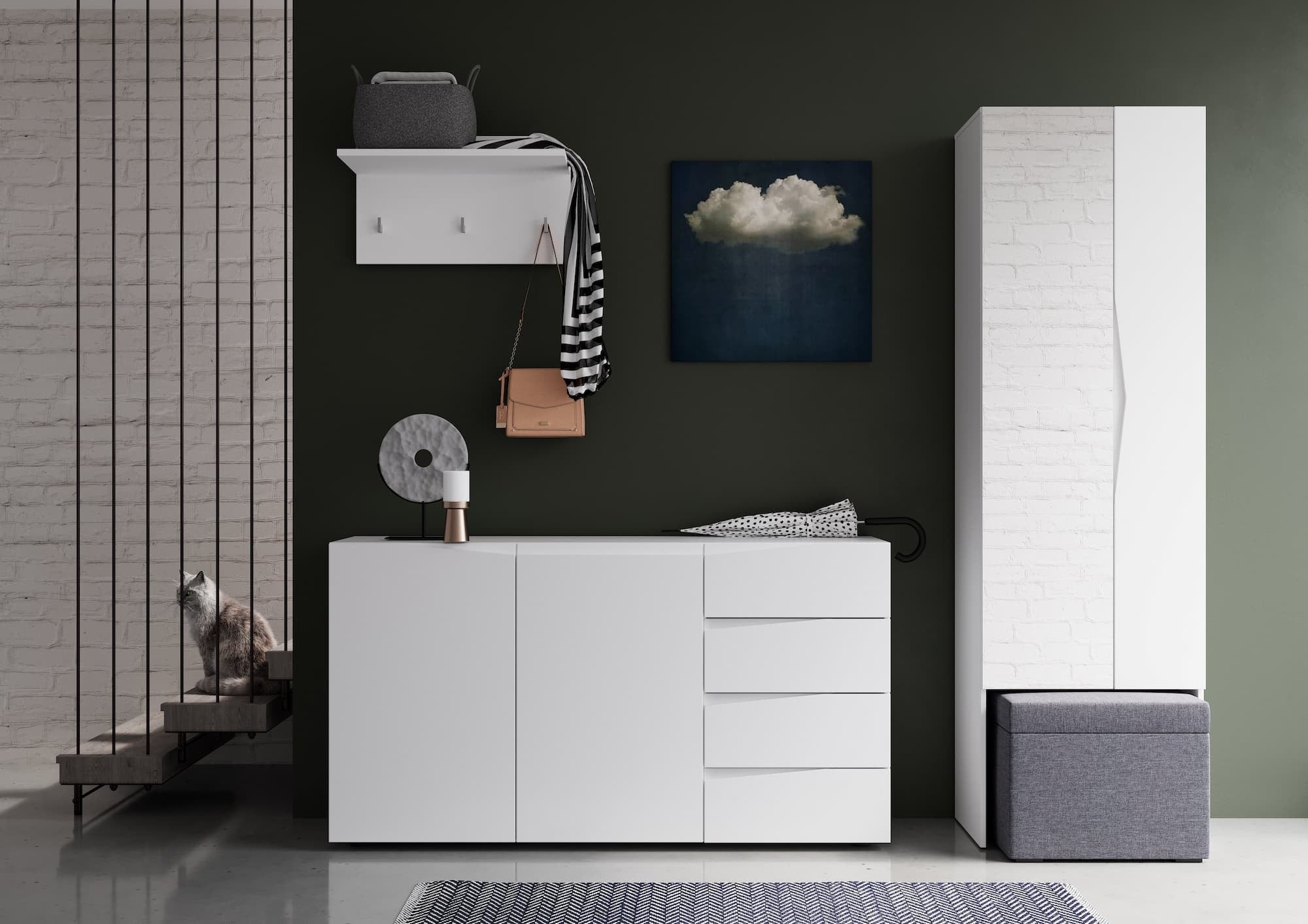 Szynaka Dulap hol din pal si MDF, cu 2 usi si oglinda, Lucca 08 Alb, l60xA38xH199 cm