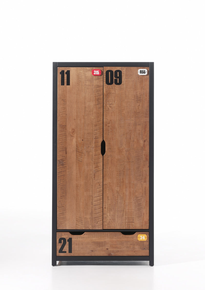 Dulap din lemn de pin si MDF cu 2 usi si 1 sertar, pentru copii Alex Natural / Negru, l100xA55xH200 cm