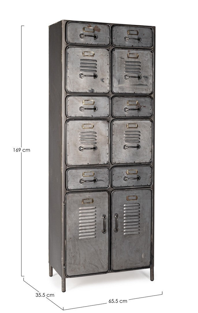 Dulap din lemn de pin si metal, cu 10 sertare si 2 usi, Store Gri, l65,5xA34,5xH169 cm (12)