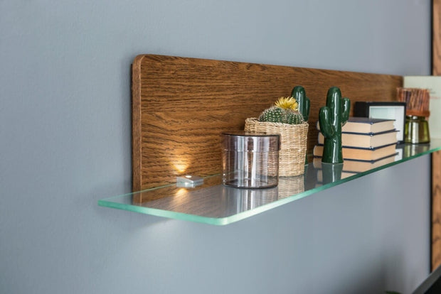 Szynaka Etajera din furnir si sticla cu LED inclus Montenegro 35 Large Stejar Rustic, l160xl25xH23 cm