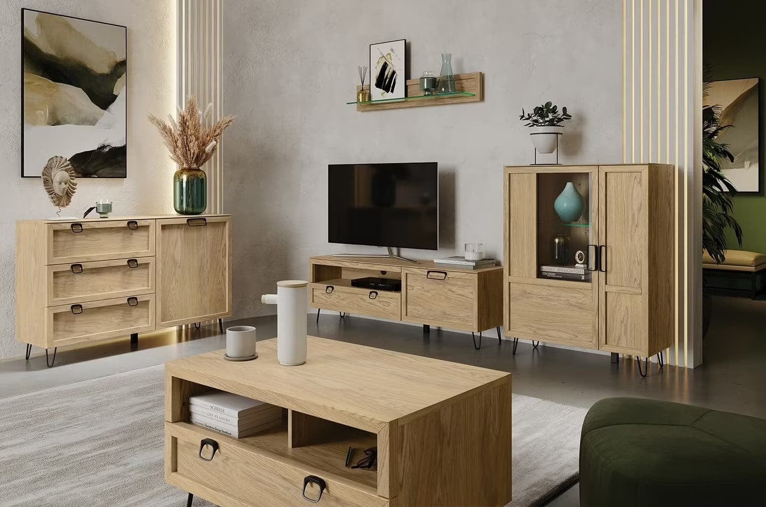 Szynaka Etajera suspendata din pal, furnir si sticla, Limbo 35 Stejar Artisan, l120xA21xH21 cm