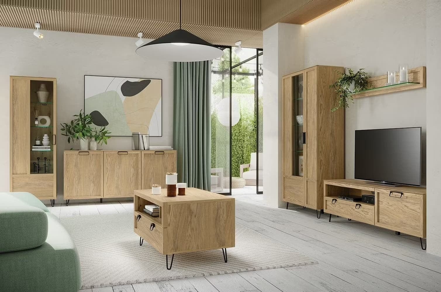 Szynaka Etajera suspendata din pal, furnir si sticla, Limbo 35 Stejar Artisan, l120xA21xH21 cm