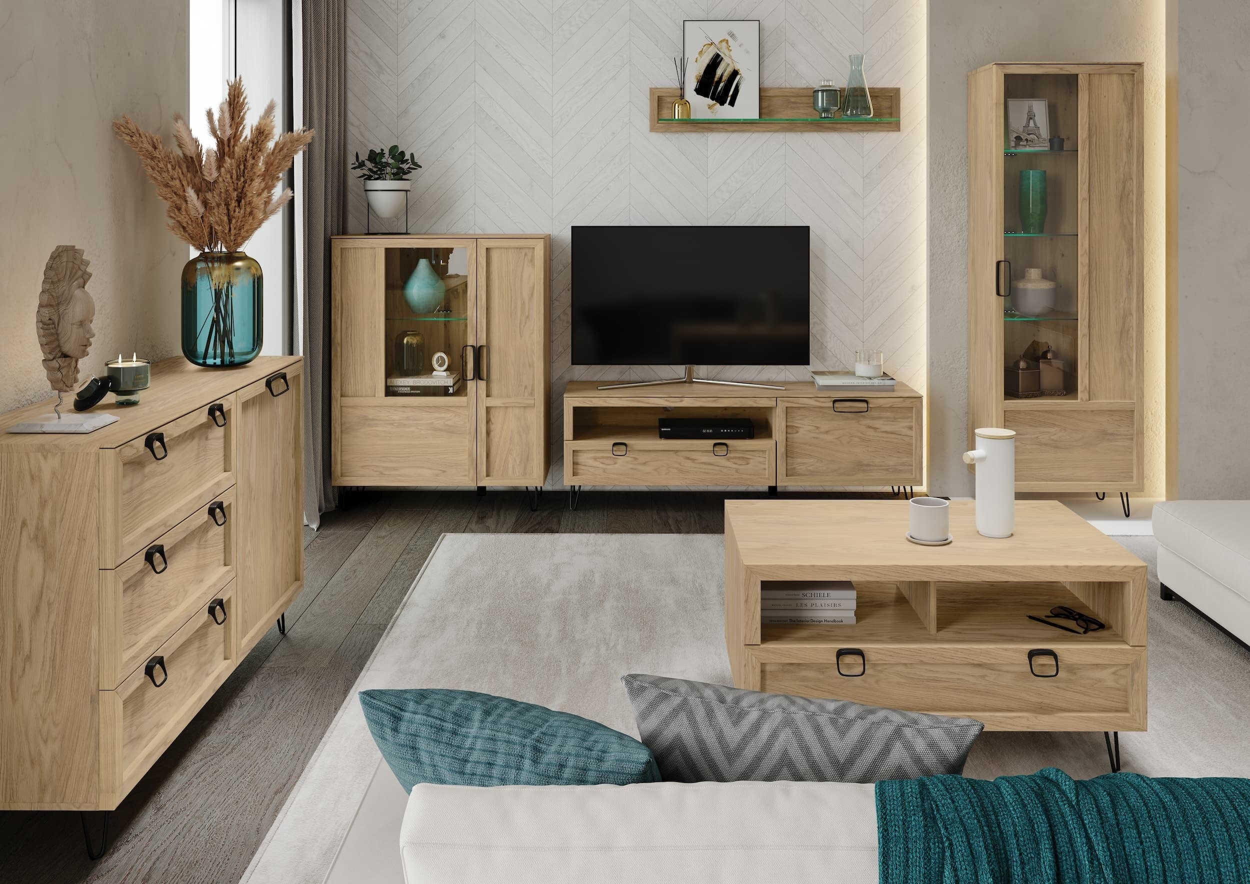 Szynaka Etajera suspendata din pal, furnir si sticla, Limbo 35 Stejar Artisan, l120xA21xH21 cm