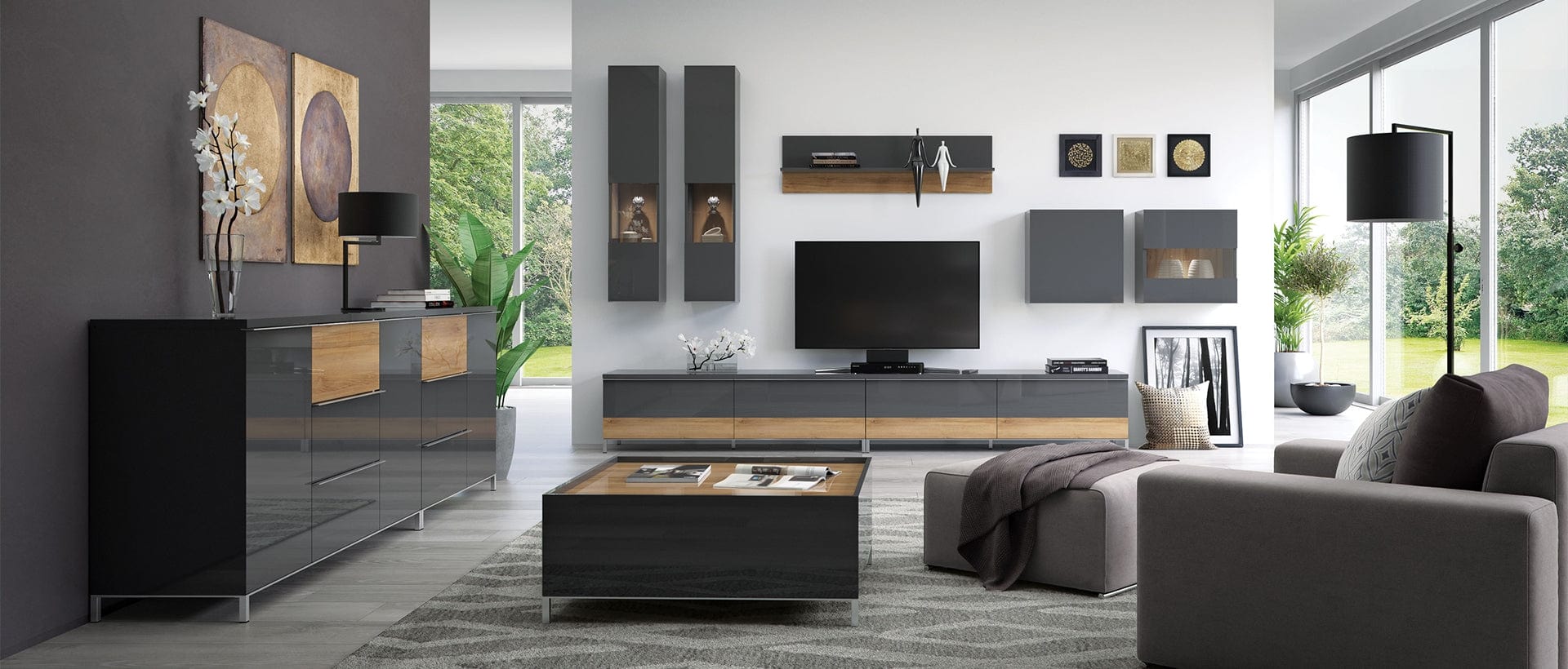 Jela Etajera suspendata din pal, Onyx Small Antracit / Nuc Pacific, l90xA21xH35 cm