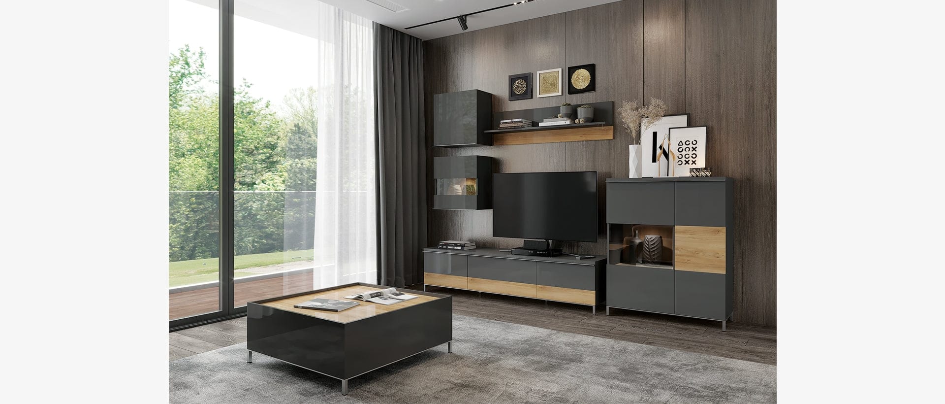 Jela Etajera suspendata din pal, Onyx Small Antracit / Nuc Pacific, l90xA21xH35 cm